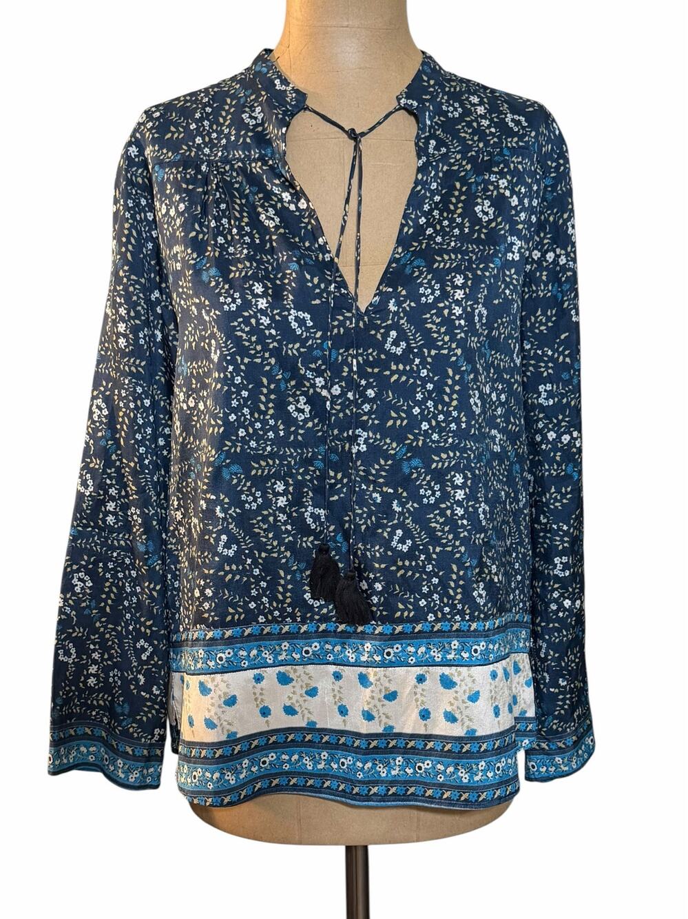 Masscob Blouse Blue Floral Print Long Sleeve 100% silk size Small